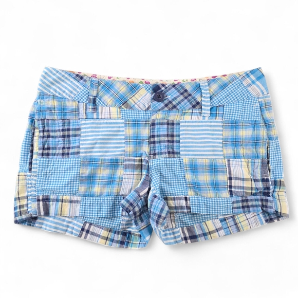 Arizona Jean Company Blue Patchwork Women's Micro Mini Shorts Madras Plaid Y2K - Picture 1 of 6